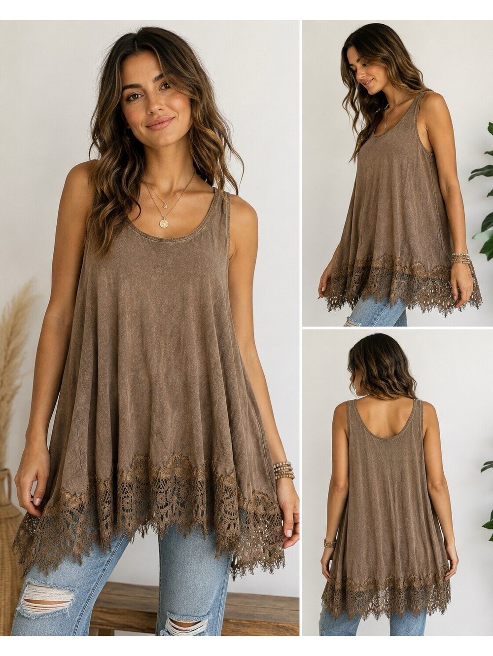 Monoreno Womens S Brown Mineral Wash Lace Hem Long Tunic Tank Top Boho Lagenlook